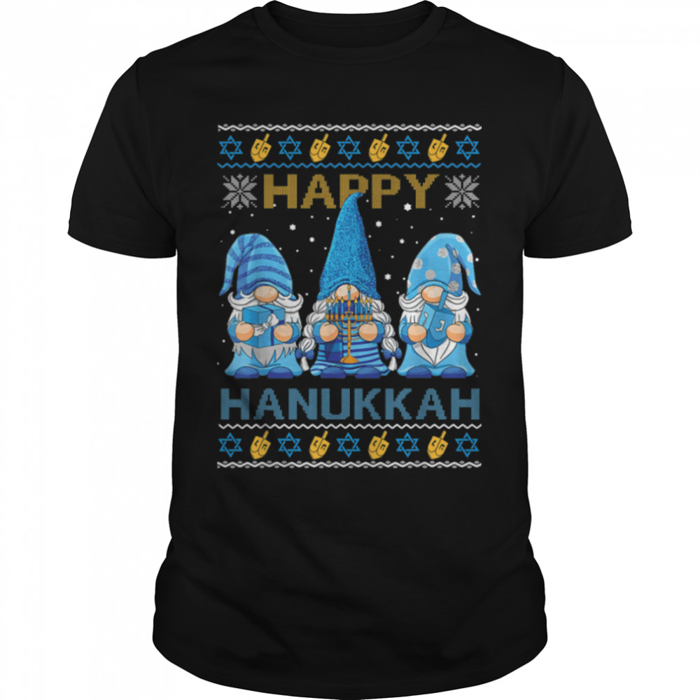 Happy Hanukkah Ugly Christmas Gnome Gnomies Menorah Dreidel T-Shirt B0BMLJH743