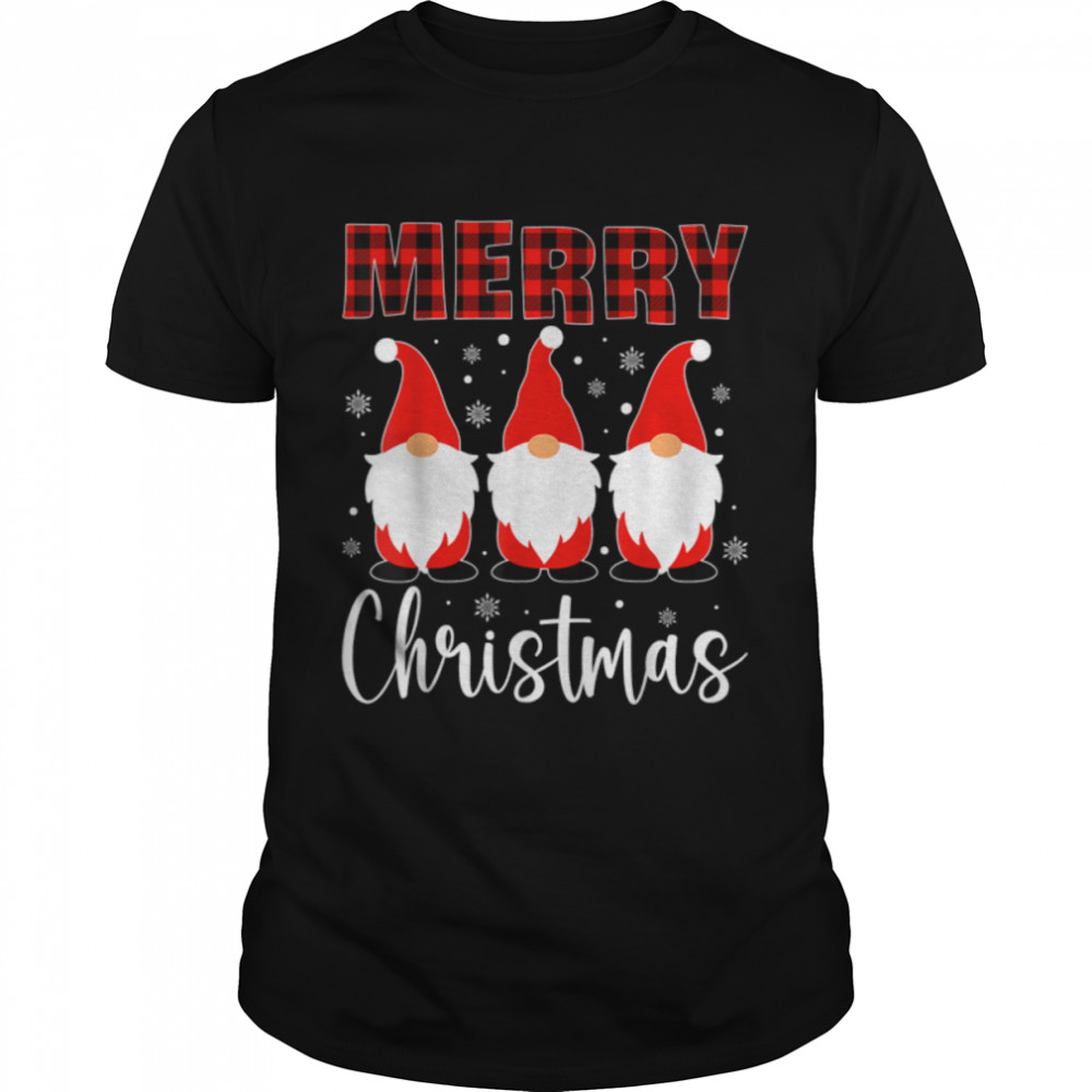 Three Gnomes In Buffalo Plaid Merry Christmas Gnome Xmas T-Shirt B0BN1LBSYG