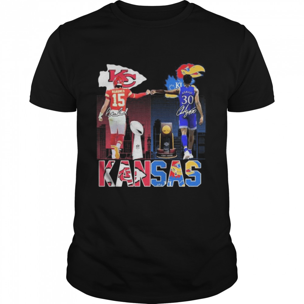 Patrick Mahomes II and Ochai Agbaji Kansas sport city signatures shirt