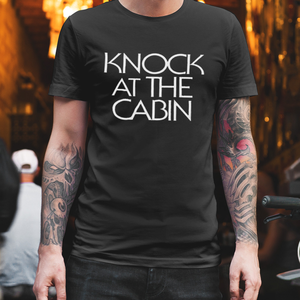 White Typography Knock At The Cabin Logo shirt