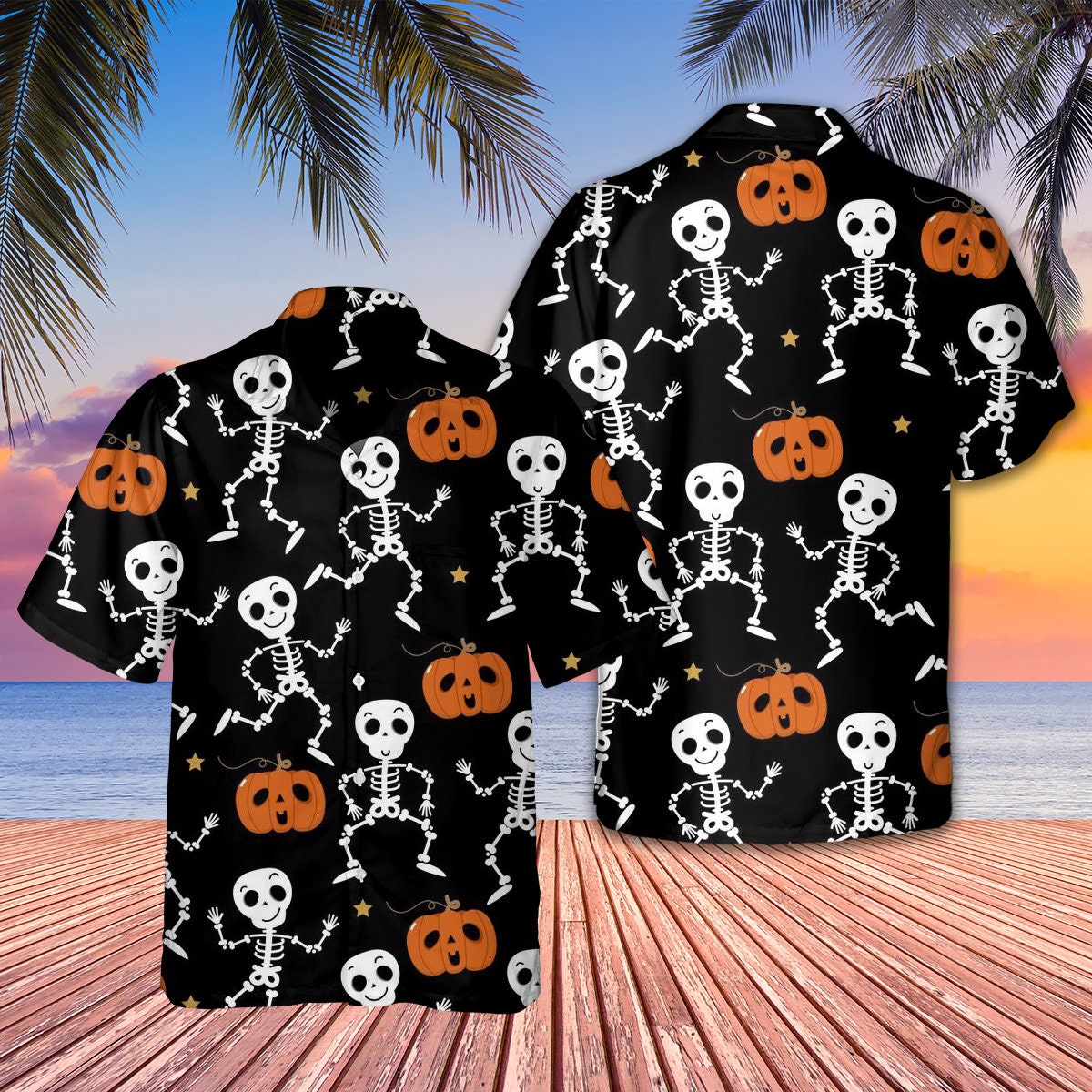Skull Pumpkin Halloween Black Skeleton Hawaiian Tropical Shirt
