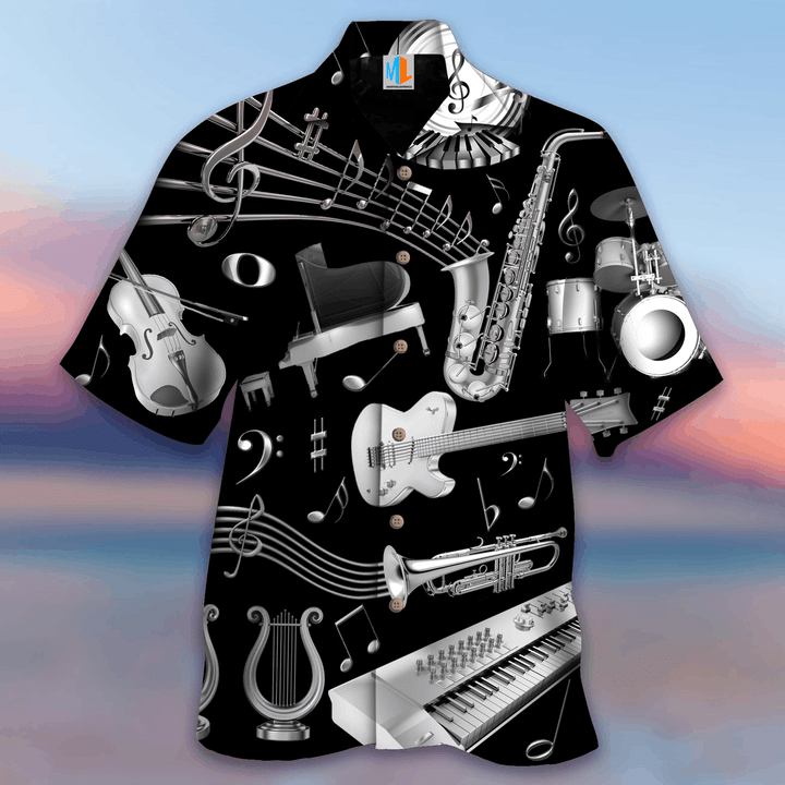 Silver  Musical Instrument Black Unique Design Unisex Hawaiian Shirt For Men And Women Dhc17062416