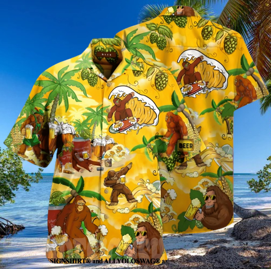 Bigfoot Summer Beer Beach All Over Print Hawaiian Shirt Yellow