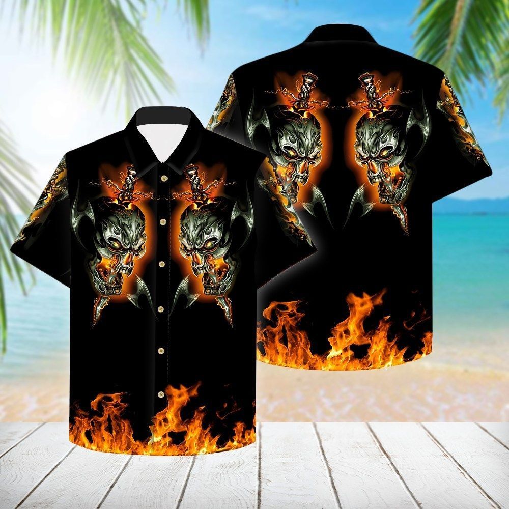 3d All Over Skull Fire Swords Hawaiian Shirt