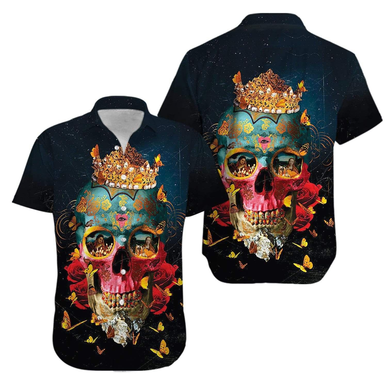Beach Shirt Crown Skull And Fire Girl Hawaiian Unisex Aloha Shirts