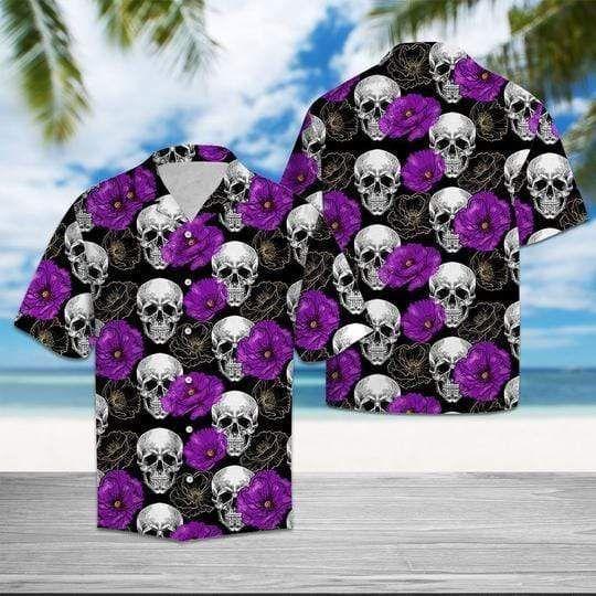 Beach Shirt Discover Cool Skull With Purple Flower Hawaiian Aloha Shirt