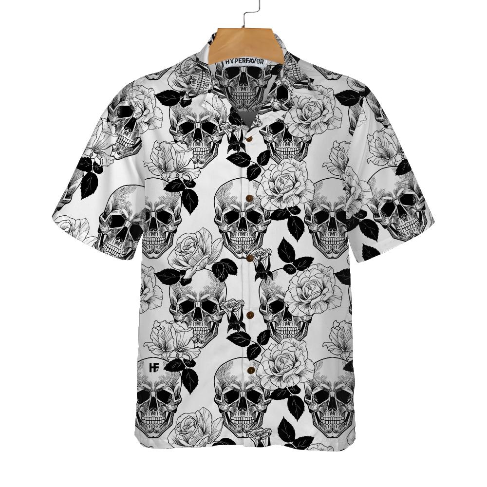 Black And White Skull Roses Hawaiian Shirt Seamless Pattern Skull Shirt