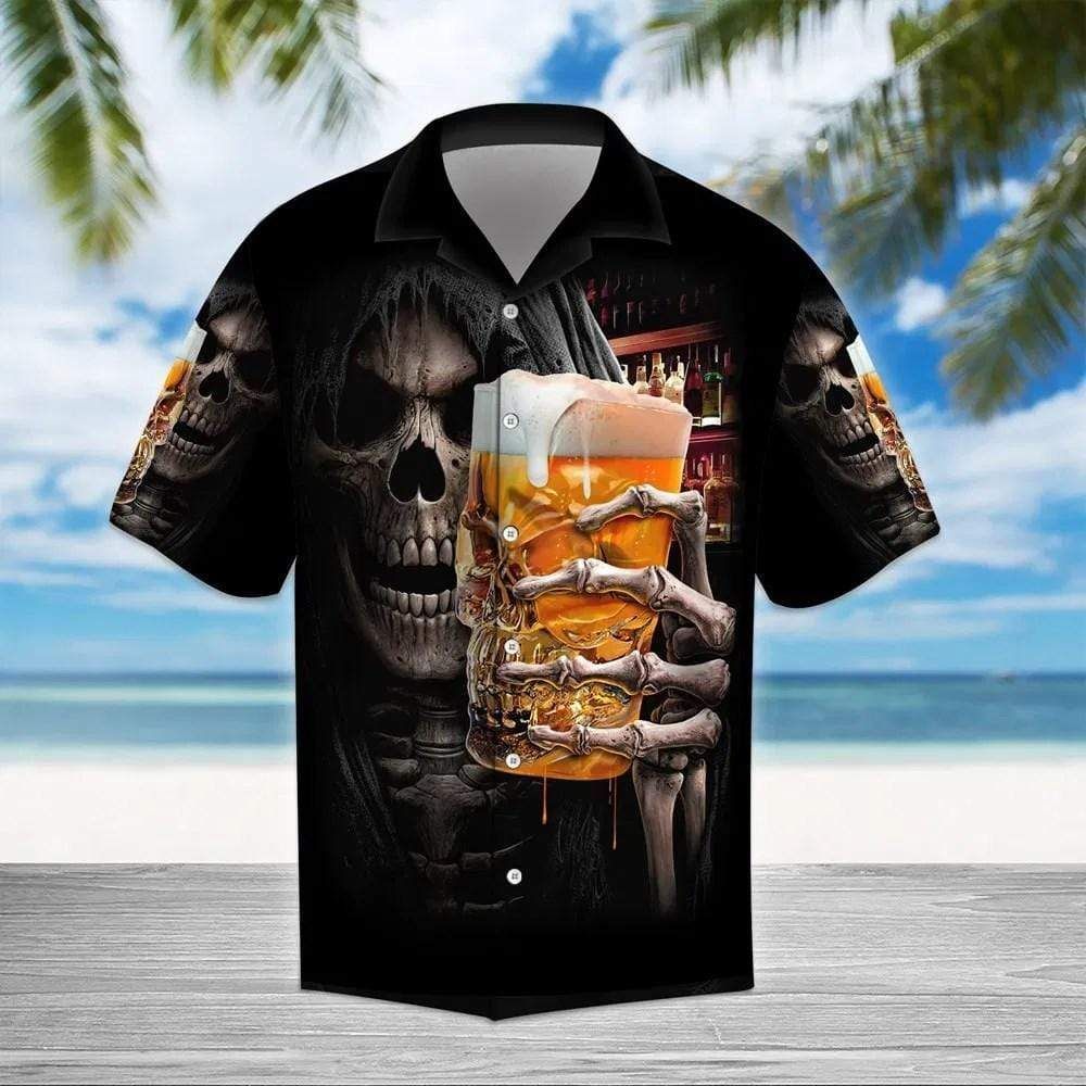 Get Here Beer Skull Black Unisex Hawaiian Aloha Shirt
