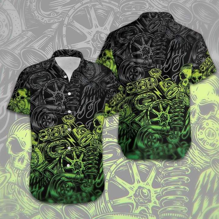 Green Motorbike Skull Mechanical Hawaiian Shirt