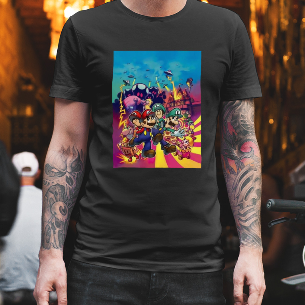 Mario and luigI with their baby alter egos on their backs and all manner of chaos in the shirt