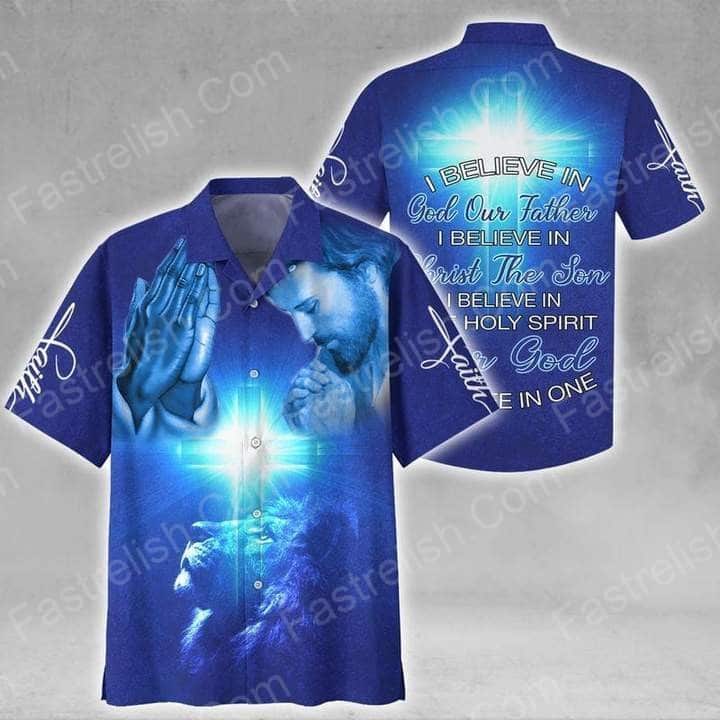 Amazing Jesus I Believe In God Blue Cross Lion Aloha Hawaiian Shirts