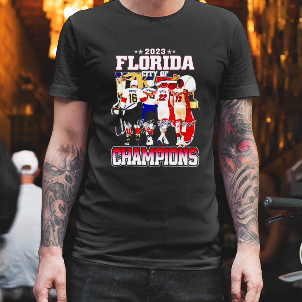 2023 Florida city of champions Miami Heat and Florida Panthers signatures shirt