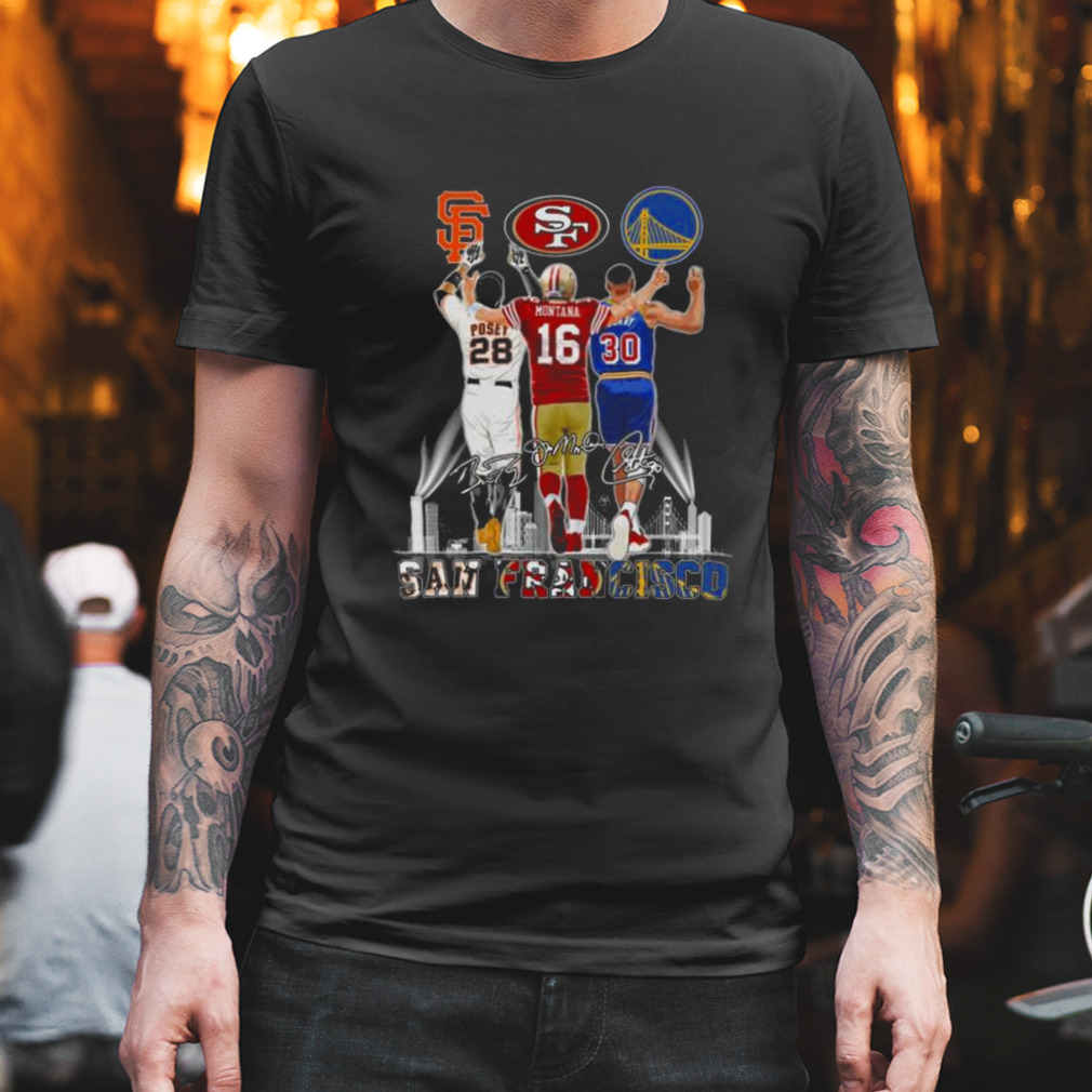 San Francisco City Of Champions Buster Posey Joe Montana And Stephen Curry  Signatures Shirt