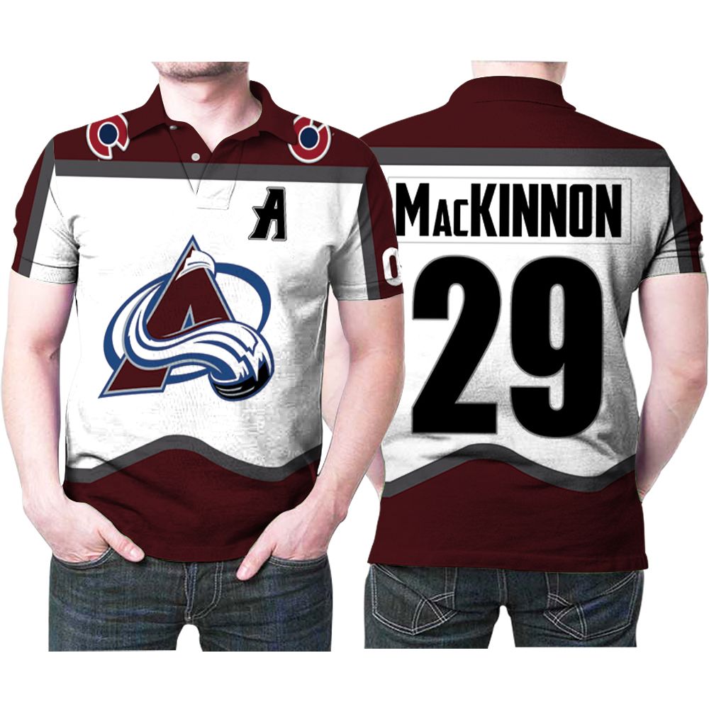 Colorado Avalanche Nathan Mackinnon 29 Nhl Ice Hockey 2020 White And Wine Jersey Style Gift For Avalanche Fans Polo Shirt