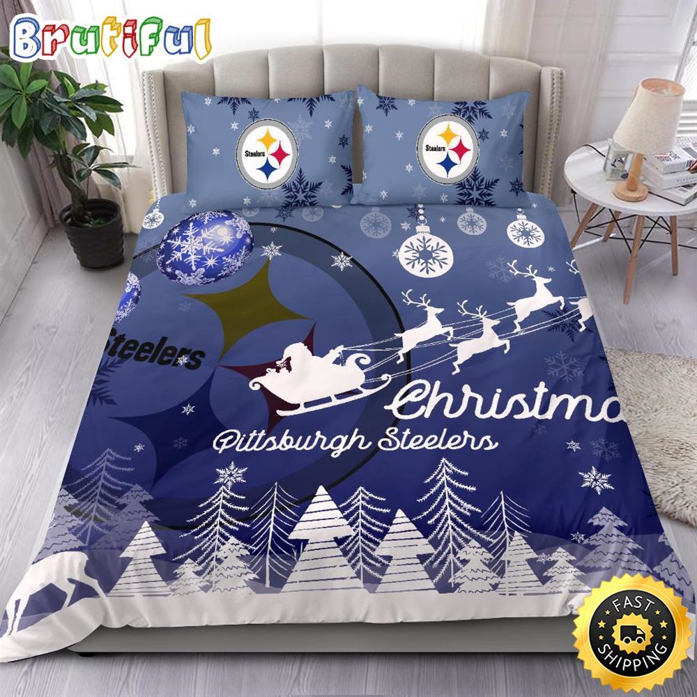 NFL Pittsburgh Steelers Bedding Sets Santa Claus Sleigh And Reindeer Christmas Bedding Sets Quilt Bedding Sets