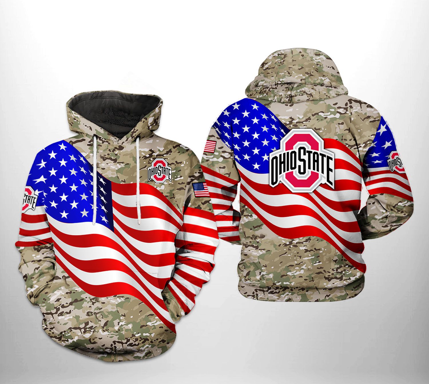 Ohio State Buckeyes NCAA US Flag Camo Veteran 3D Printed HoodieZipper Hoodie