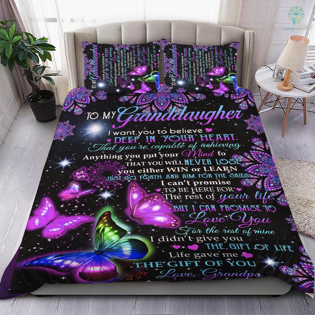 Butterfly Purple Grandpa I Want You To Believe Deep In Your Heart To My Granddaughter Bedding Set - Family Loves US Military Veterans Shirts Gifts Ideas