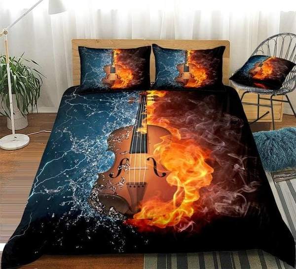 3d Violin On Fire Water Splash Cotton Bed Sheets Spread Comforter Duvet Cover Bedding Sets